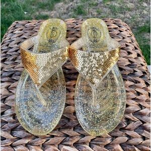 Rampage Glitz Gold Glitter Sequin Jelly Toe Post Flip Flop Sandals Size 7
